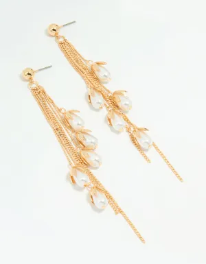Gold Pearl Petal Chain Drop Earrings