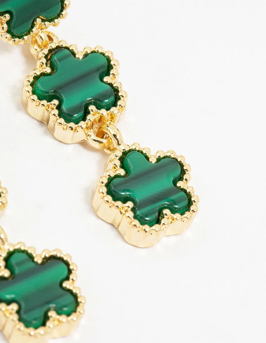 Gold Plated Emerald Flower Trio Drop Earrings