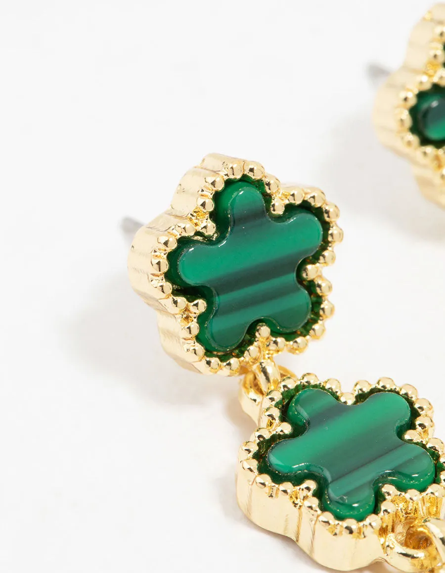 Gold Plated Emerald Flower Trio Drop Earrings