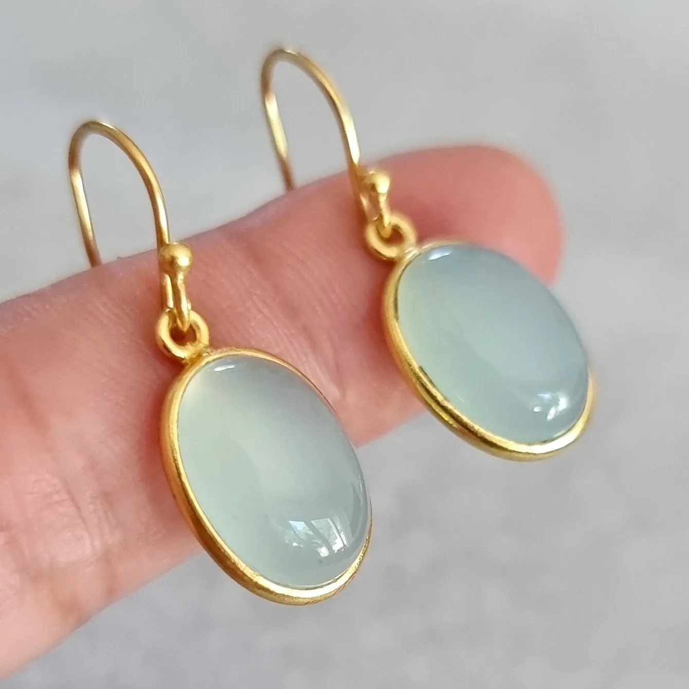 Gold Plated Oval Aqua Chalcedony 925 Silver Earrings, E93C