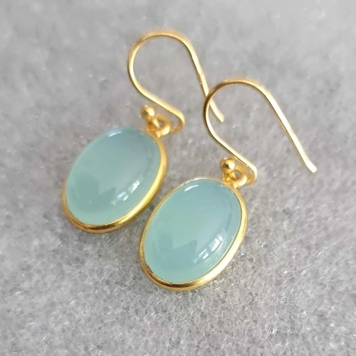 Gold Plated Oval Aqua Chalcedony 925 Silver Earrings, E93C