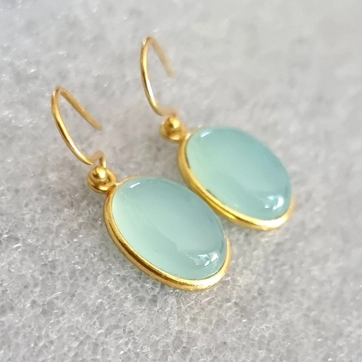 Gold Plated Oval Aqua Chalcedony 925 Silver Earrings, E93C
