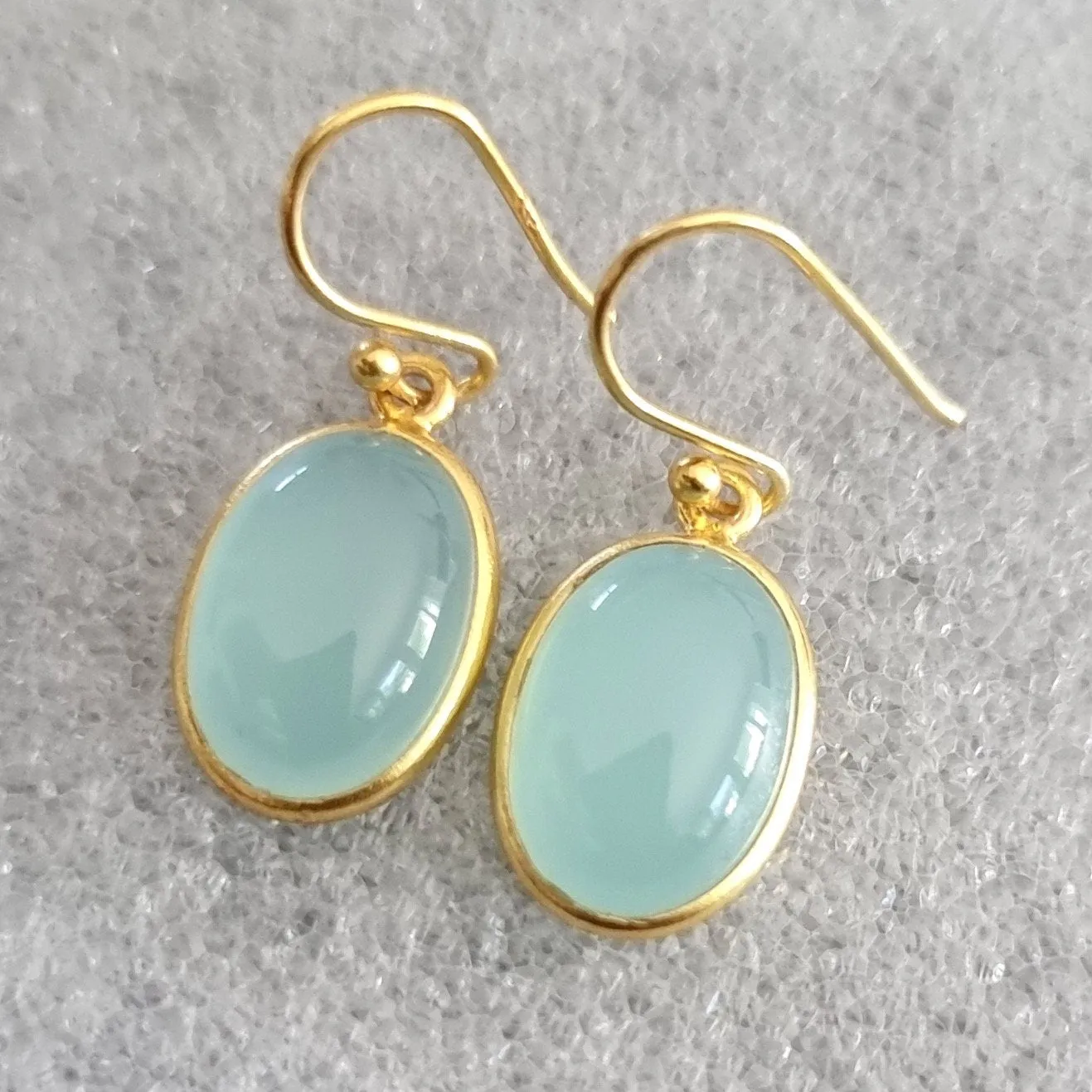 Gold Plated Oval Aqua Chalcedony 925 Silver Earrings, E93C