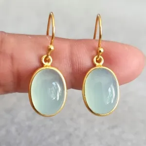 Gold Plated Oval Aqua Chalcedony 925 Silver Earrings, E93C