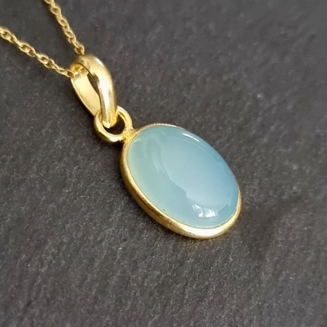 Gold Plated Oval Aqua Chalcedony 925 Silver Earrings, E93C
