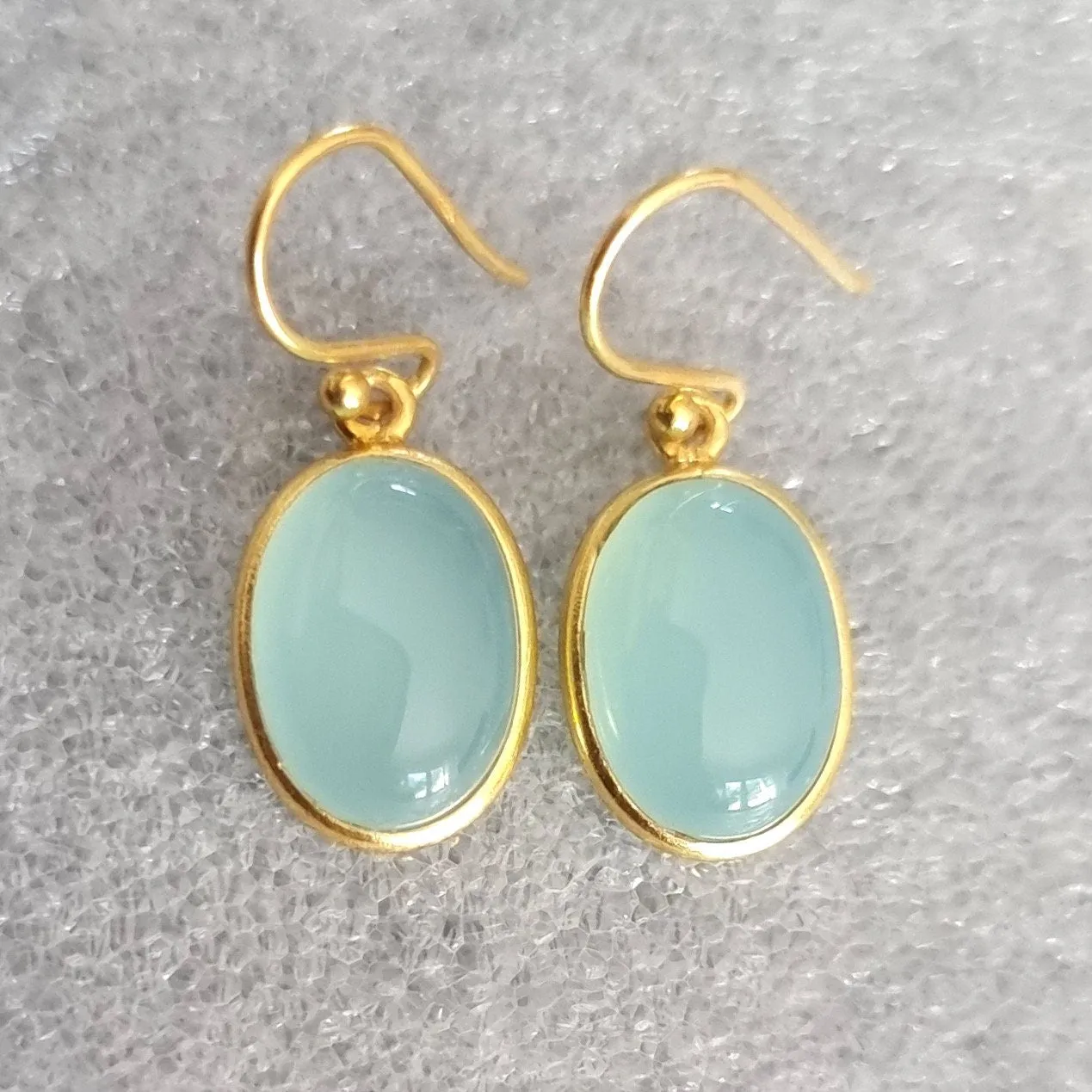 Gold Plated Oval Aqua Chalcedony 925 Silver Earrings, E93C