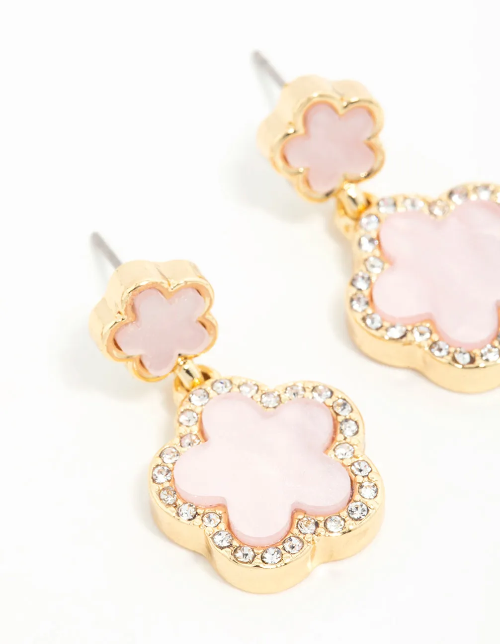 Gold Plated Pink Flower Drop Earrings