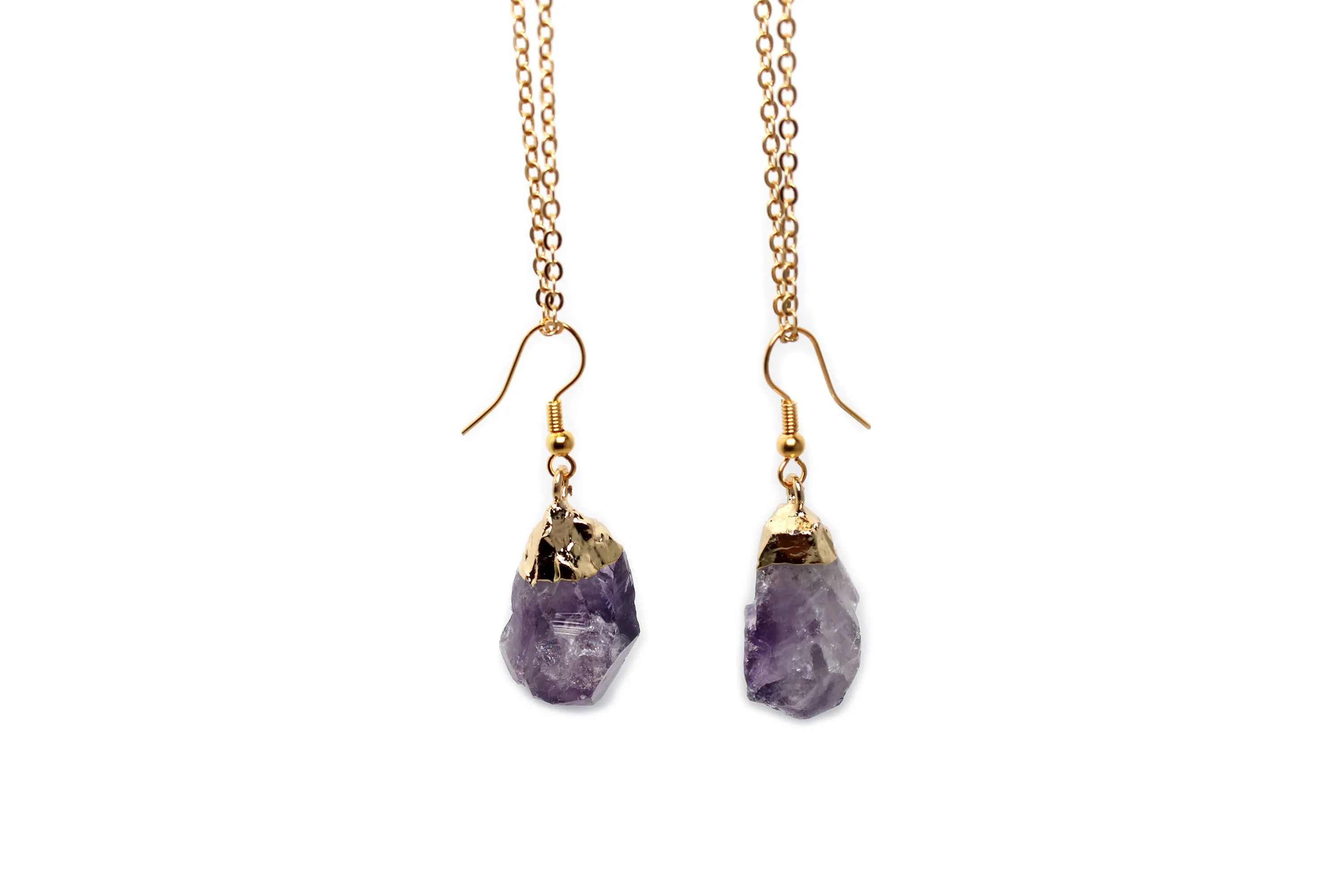 Gold Platted Raw Amethyst Pendant Earrings