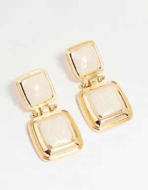 Gold Stone Square Hinge Drop Earrings