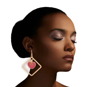 Gold-Tone Diamond Drop Earrings with Pink Rhinestone Heart Dangle