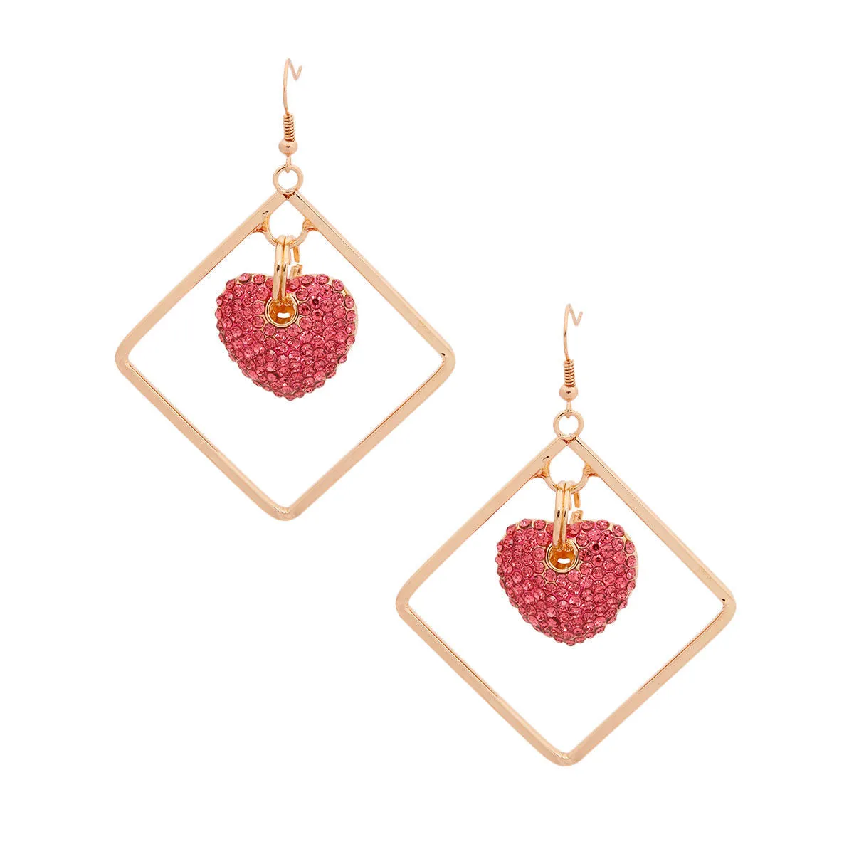Gold-Tone Diamond Drop Earrings with Pink Rhinestone Heart Dangle