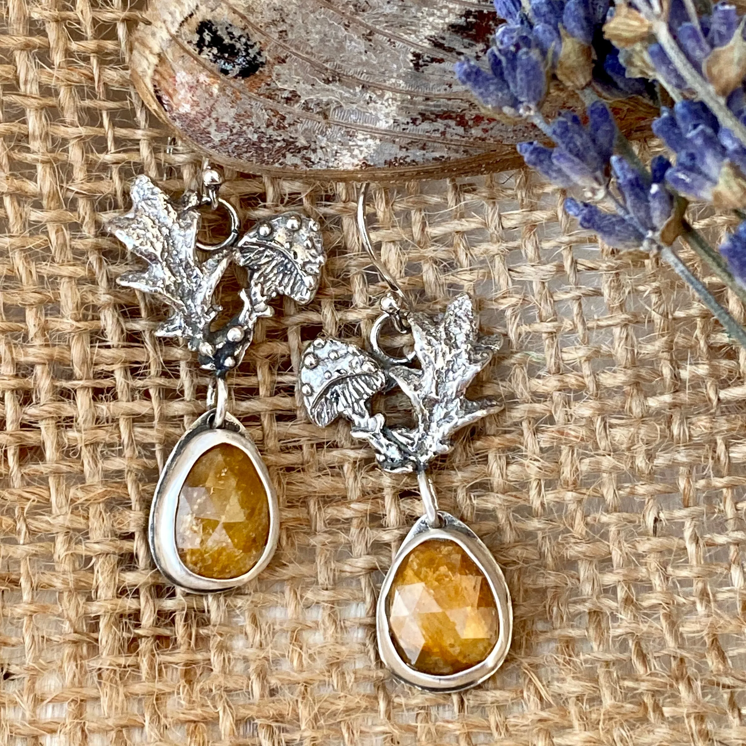 Golden Mushroom & Sapphire hand cast Sterling Silver Earrings