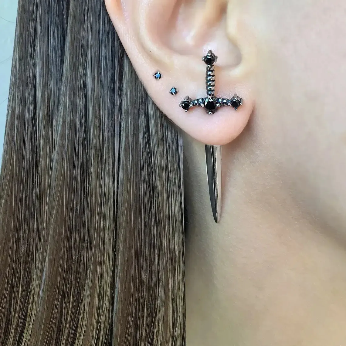 Gothic Kinitial Sword Earrings for Women Cool Punk Crystal Ear Jacket Dagger