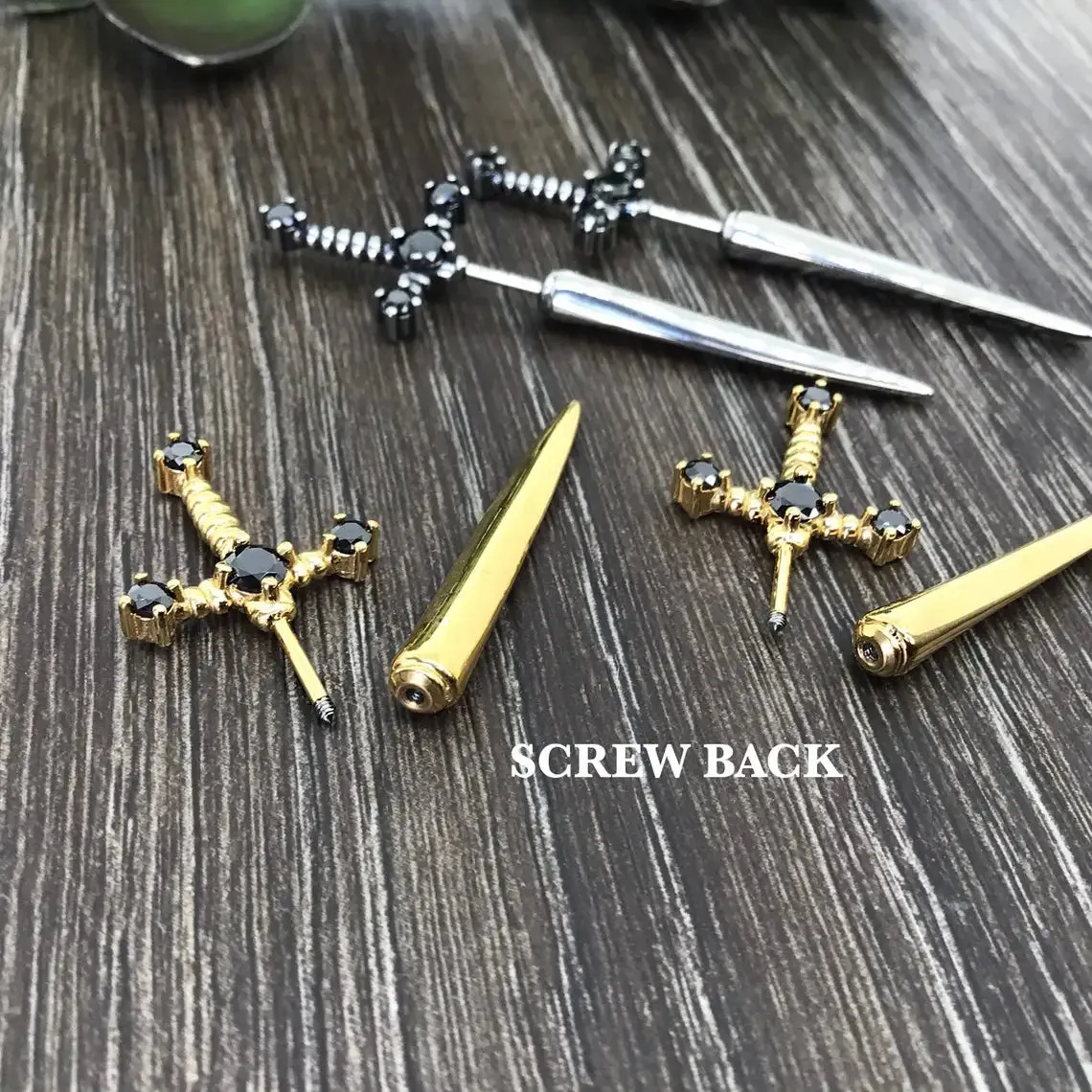 Gothic Kinitial Sword Earrings for Women Cool Punk Crystal Ear Jacket Dagger