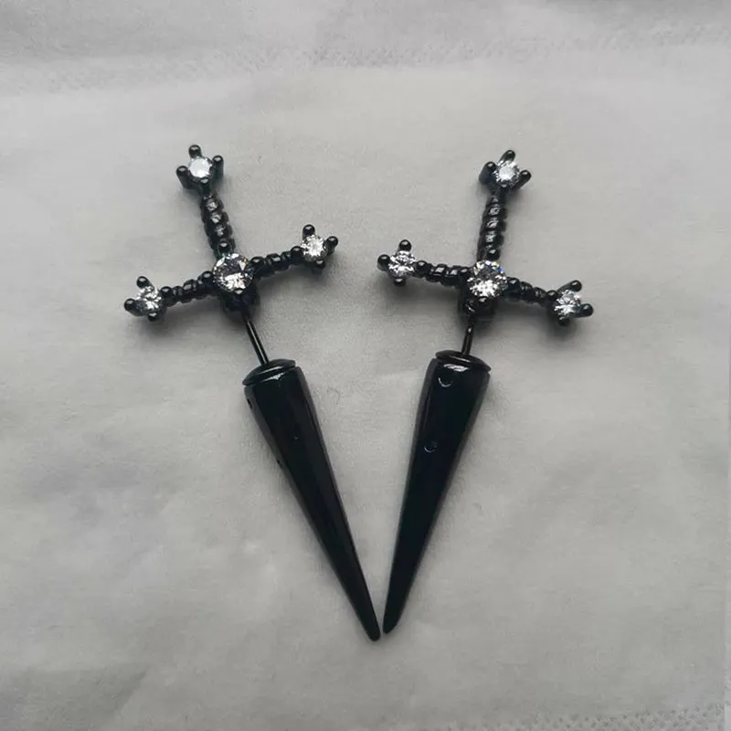 Gothic Kinitial Sword Earrings for Women Cool Punk Crystal Ear Jacket Dagger