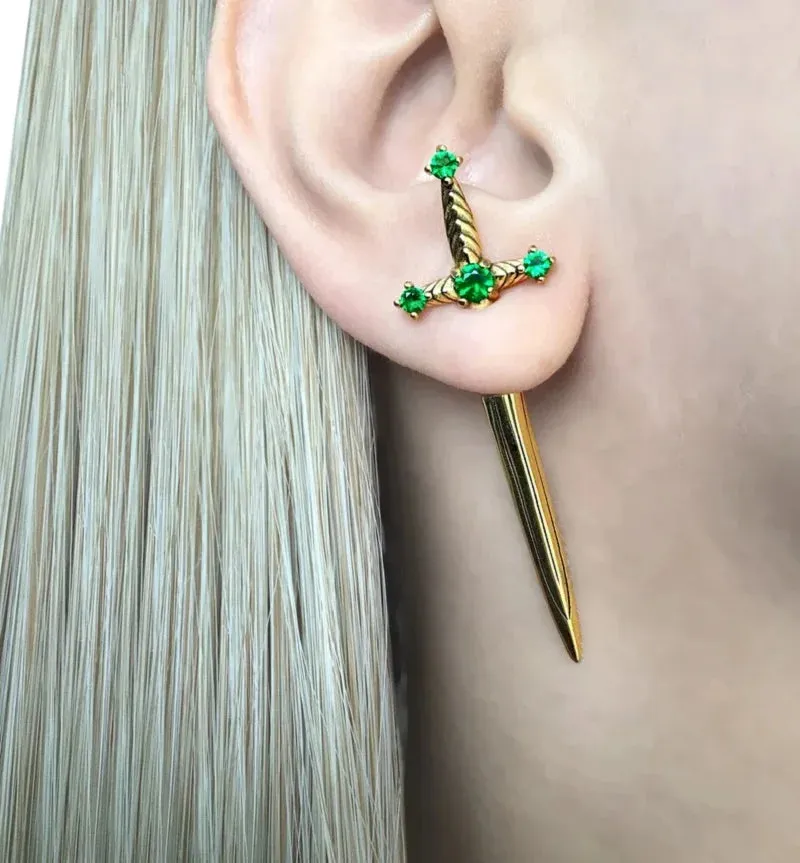Gothic Kinitial Sword Earrings for Women Cool Punk Crystal Ear Jacket Dagger