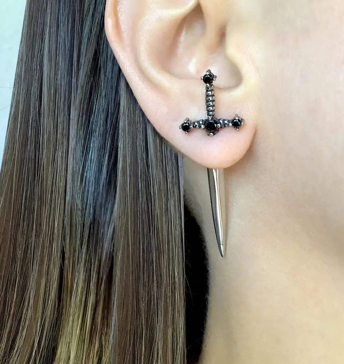 Gothic Kinitial Sword Earrings for Women Cool Punk Crystal Ear Jacket Dagger