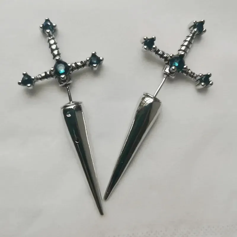 Gothic Kinitial Sword Earrings for Women Cool Punk Crystal Ear Jacket Dagger