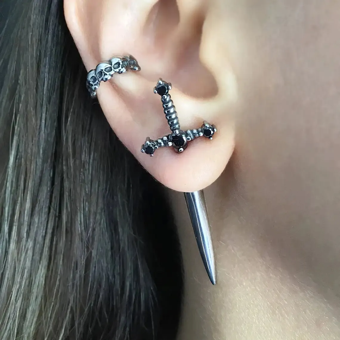 Gothic Kinitial Sword Earrings for Women Cool Punk Crystal Ear Jacket Dagger