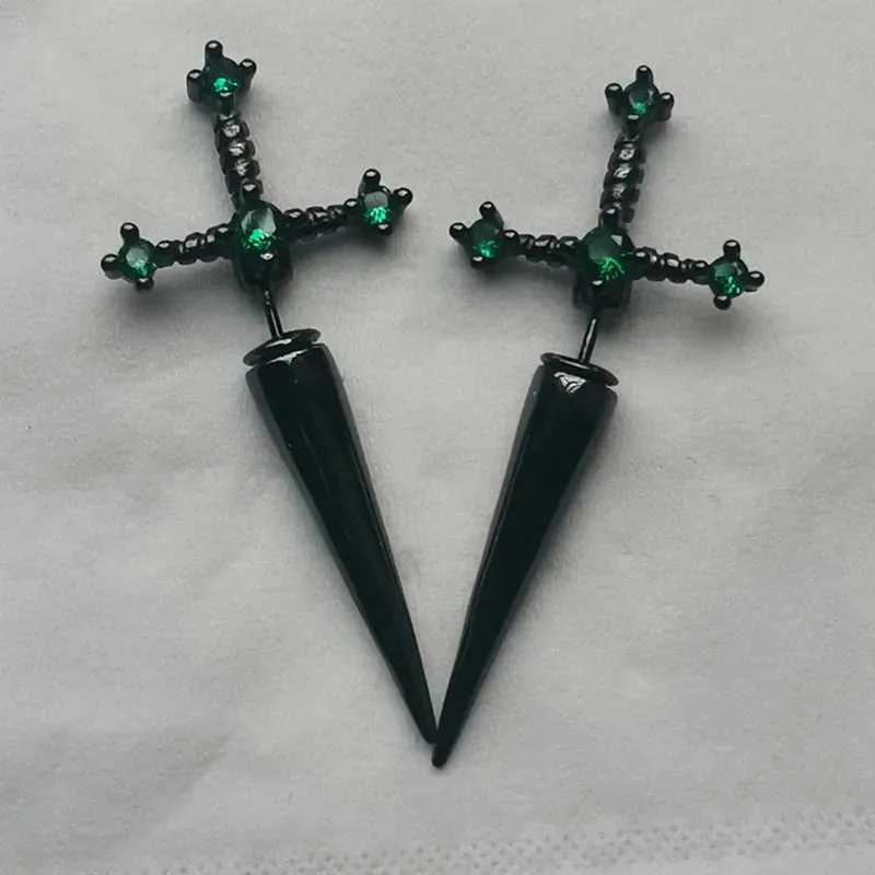 Gothic Kinitial Sword Earrings for Women Cool Punk Crystal Ear Jacket Dagger