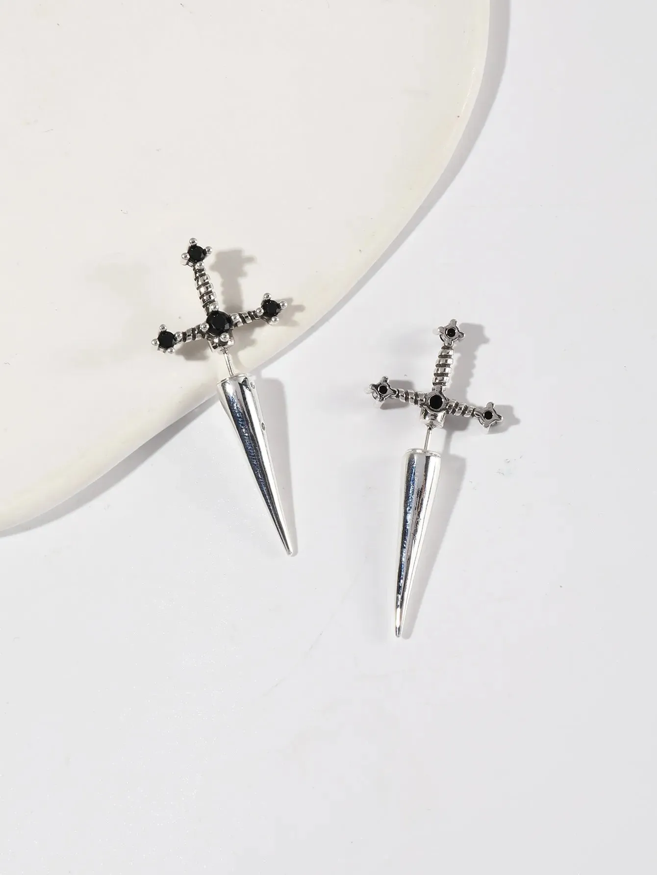 Gothic Kinitial Sword Earrings for Women Cool Punk Crystal Ear Jacket Dagger
