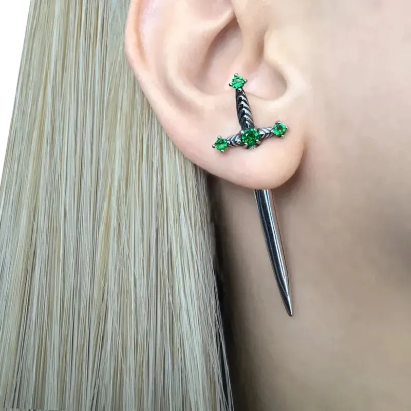 Gothic Kinitial Sword Earrings for Women Cool Punk Crystal Ear Jacket Dagger