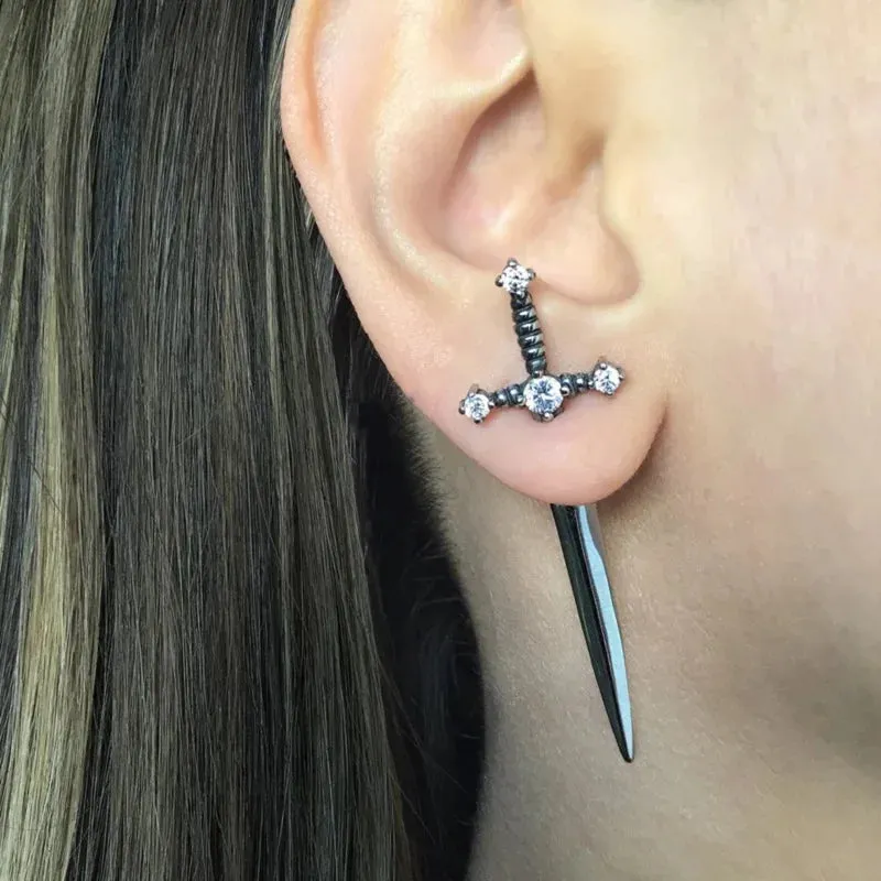 Gothic Kinitial Sword Earrings for Women Cool Punk Crystal Ear Jacket Dagger