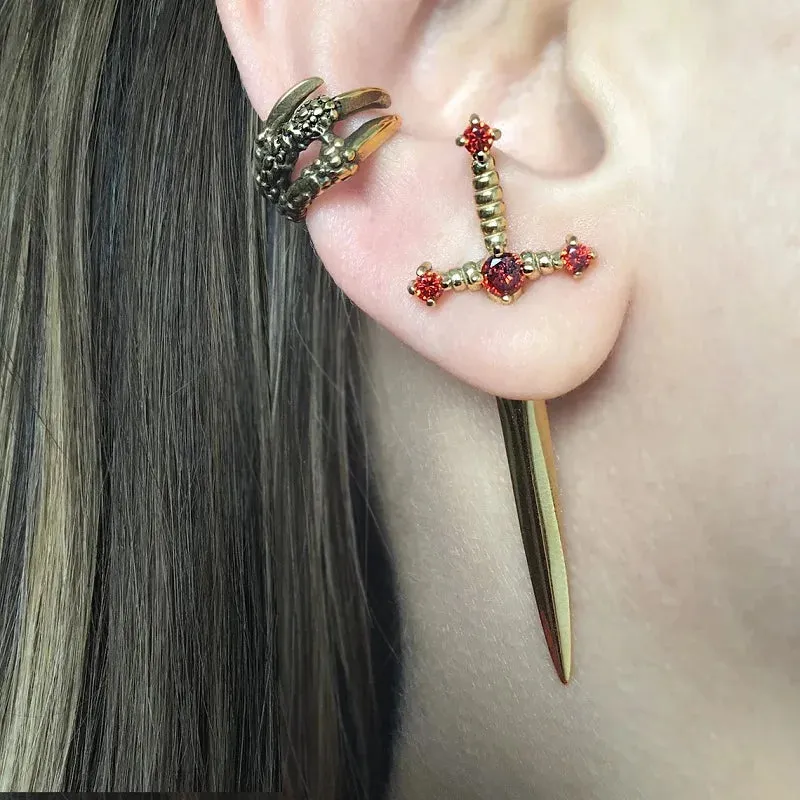 Gothic Kinitial Sword Earrings for Women Cool Punk Crystal Ear Jacket Dagger