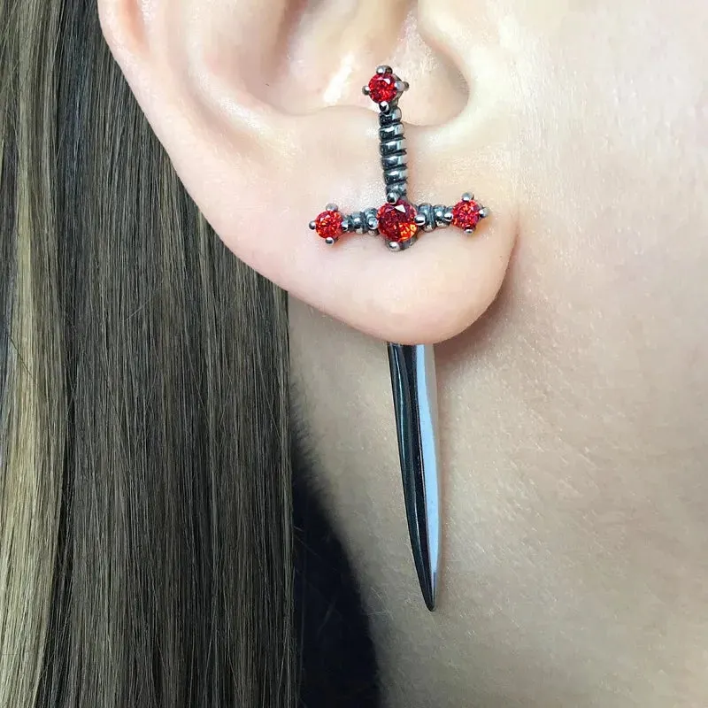 Gothic Kinitial Sword Earrings for Women Cool Punk Crystal Ear Jacket Dagger