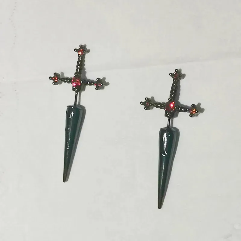 Gothic Kinitial Sword Earrings for Women Cool Punk Crystal Ear Jacket Dagger