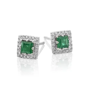 Green Emerald And Natural Earth Mined Diamond White Gold Halo Studs Earrings 6 Carats