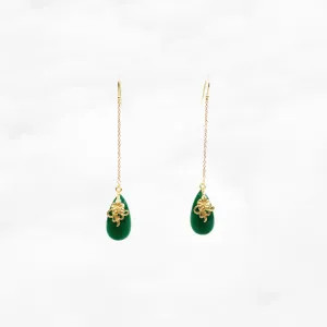 Green Jade Earrings with Long Dangle Chain