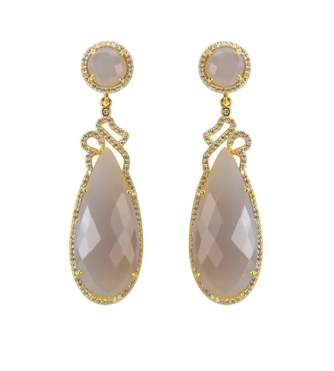 Grey Onyx Drop Earrings, Ornate Top