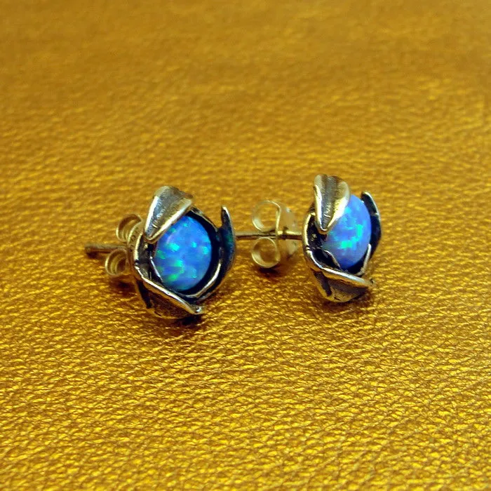 Hadar Designers Blue Opal Stud Earrings Floral Handmade Sterling Silver (gr)