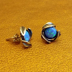 Hadar Designers Blue Opal Stud Earrings Floral Handmade Sterling Silver (gr)