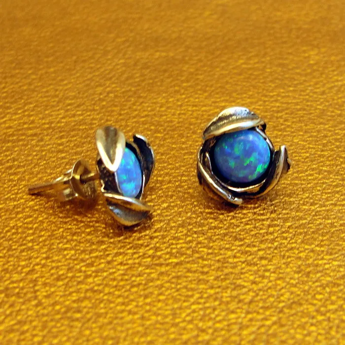 Hadar Designers Blue Opal Stud Earrings Floral Handmade Sterling Silver (gr)