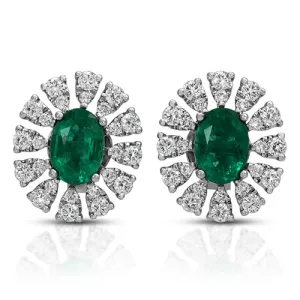 Halo Style Oval Emerald Gemstone with Round Set Diamonds in 14k White Gold