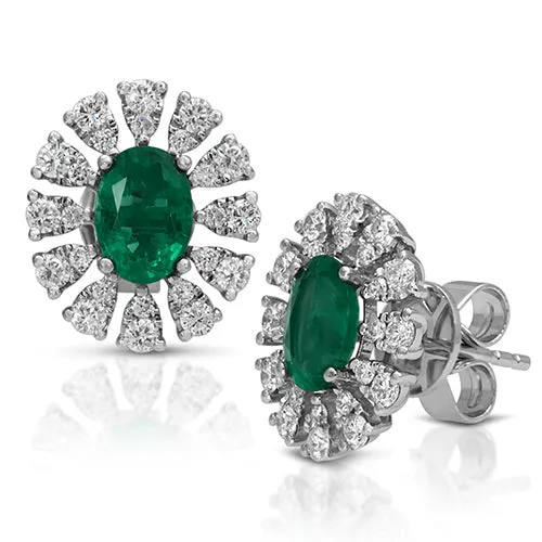 Halo Style Oval Emerald Gemstone with Round Set Diamonds in 14k White Gold