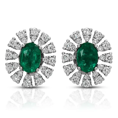 Halo Style Oval Emerald Gemstone with Round Set Diamonds in 14k White Gold