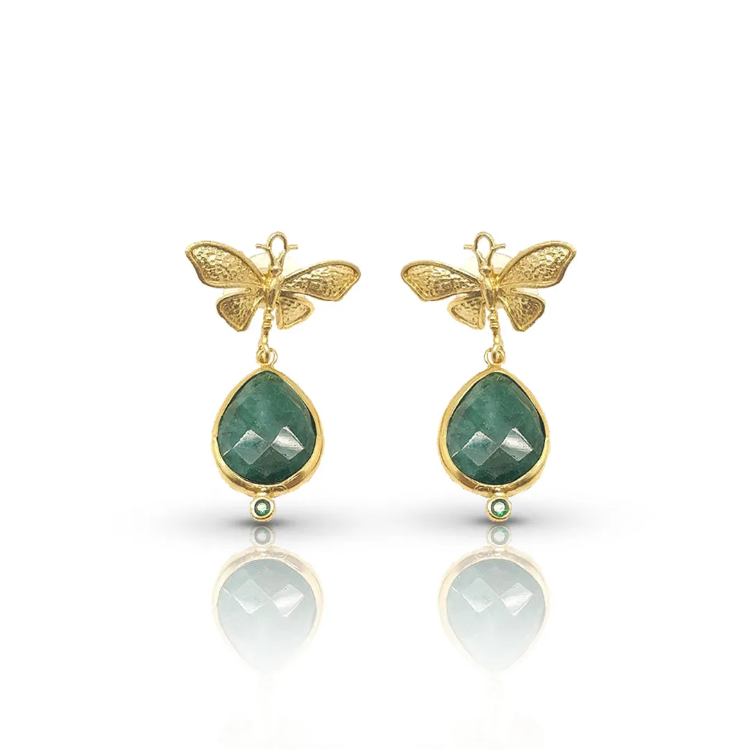 Handmade Gold-Plated Butterfly Top Earrings | Teardrop Emerald Corundum | Artisan Crafted Jewelry | Unique Drop Earrings