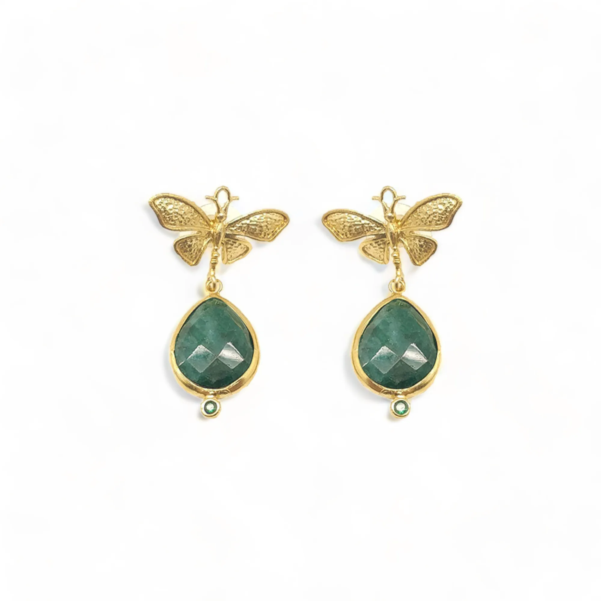 Handmade Gold-Plated Butterfly Top Earrings | Teardrop Emerald Corundum | Artisan Crafted Jewelry | Unique Drop Earrings