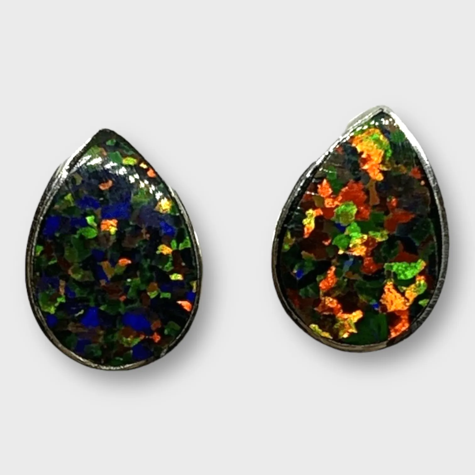 Handmade Sterling Silver Teardrop Shape Multi Opal Colors Stud Post Earrings