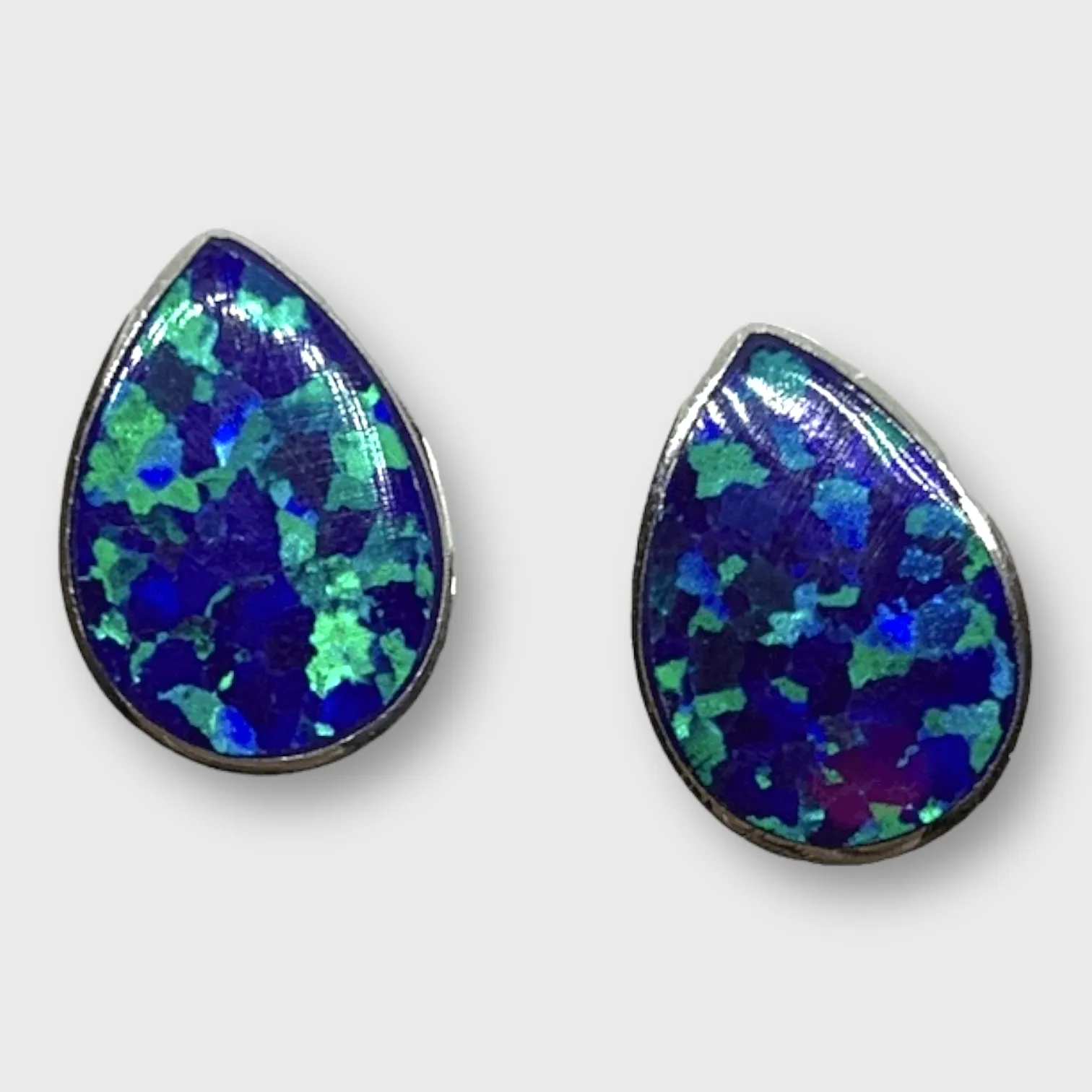 Handmade Sterling Silver Teardrop Shape Multi Opal Colors Stud Post Earrings