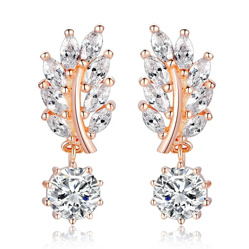 HOT Trendy Jewelry Women Drop Earring Rose Gold Plated with CZ in Leaf Shape for Special Novelty Earring