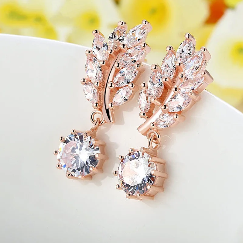 HOT Trendy Jewelry Women Drop Earring Rose Gold Plated with CZ in Leaf Shape for Special Novelty Earring