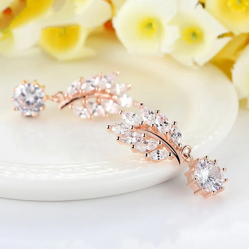 HOT Trendy Jewelry Women Drop Earring Rose Gold Plated with CZ in Leaf Shape for Special Novelty Earring
