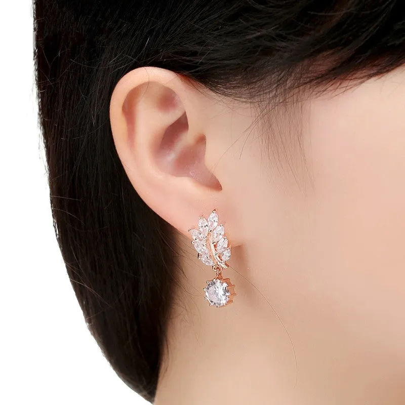 HOT Trendy Jewelry Women Drop Earring Rose Gold Plated with CZ in Leaf Shape for Special Novelty Earring