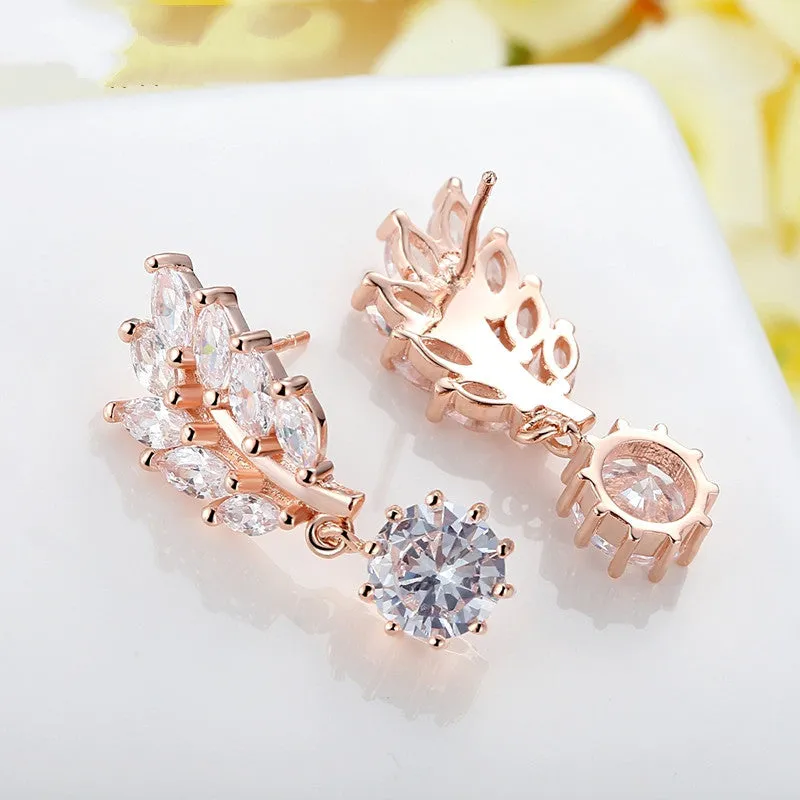 HOT Trendy Jewelry Women Drop Earring Rose Gold Plated with CZ in Leaf Shape for Special Novelty Earring