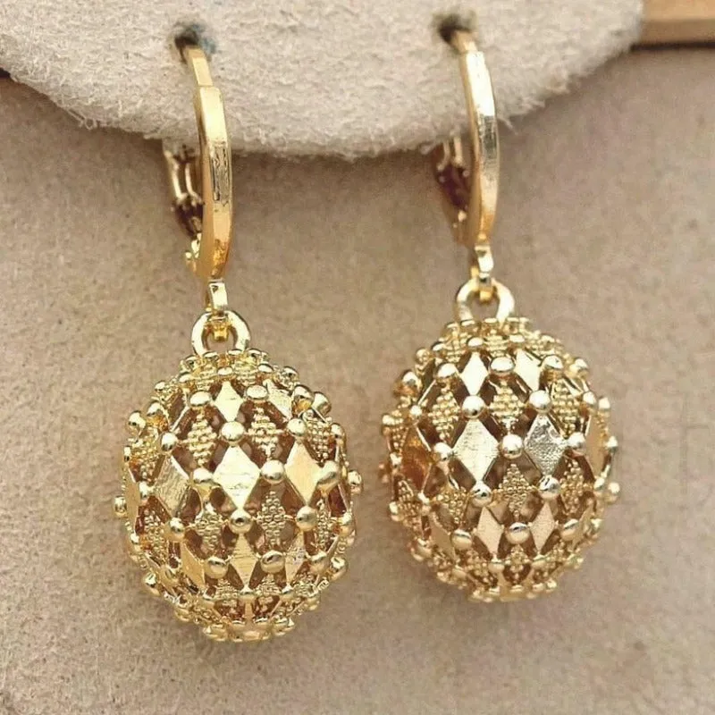 Inlaid Carved Gold Drop Earrings Diamond Hollow Ball Women Jewelry