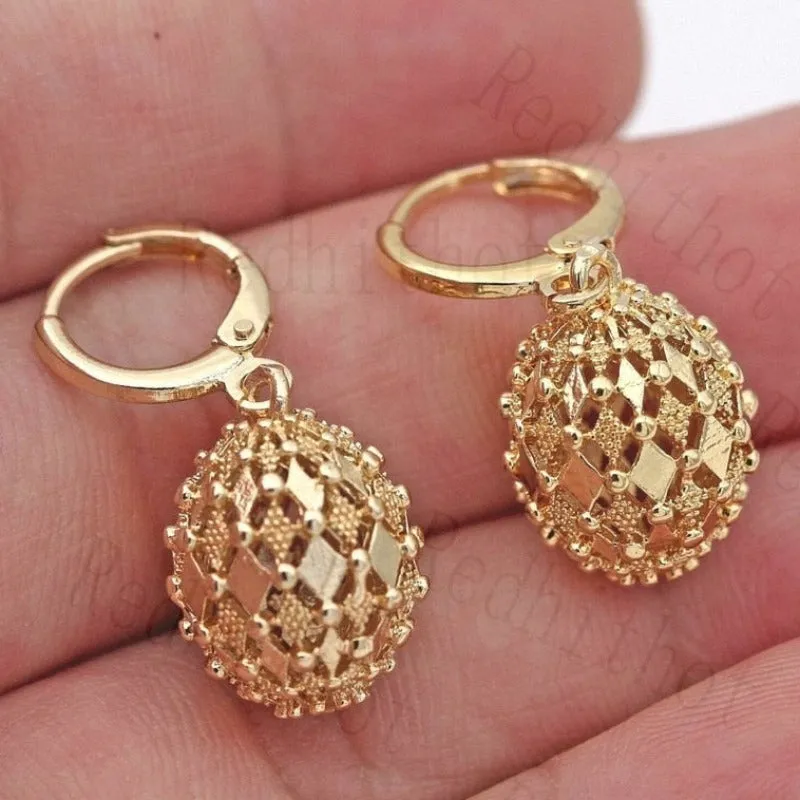 Inlaid Carved Gold Drop Earrings Diamond Hollow Ball Women Jewelry